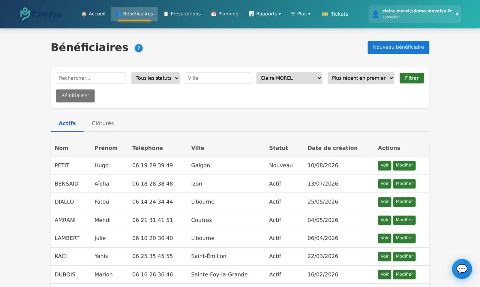 Liste des bénéficiaires accompagnés, filtrée par conseiller et par statut.