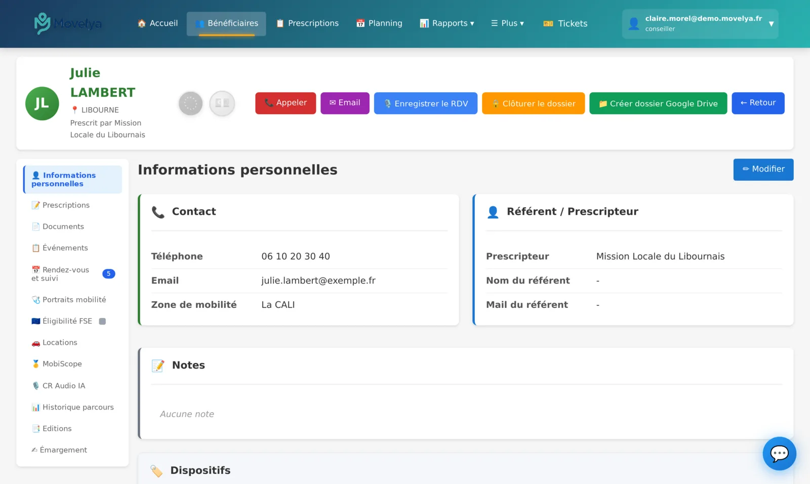 Fiche d’un bénéficiaire dans Movelya : identité, prescription, diagnostic, rendez-vous et documents.