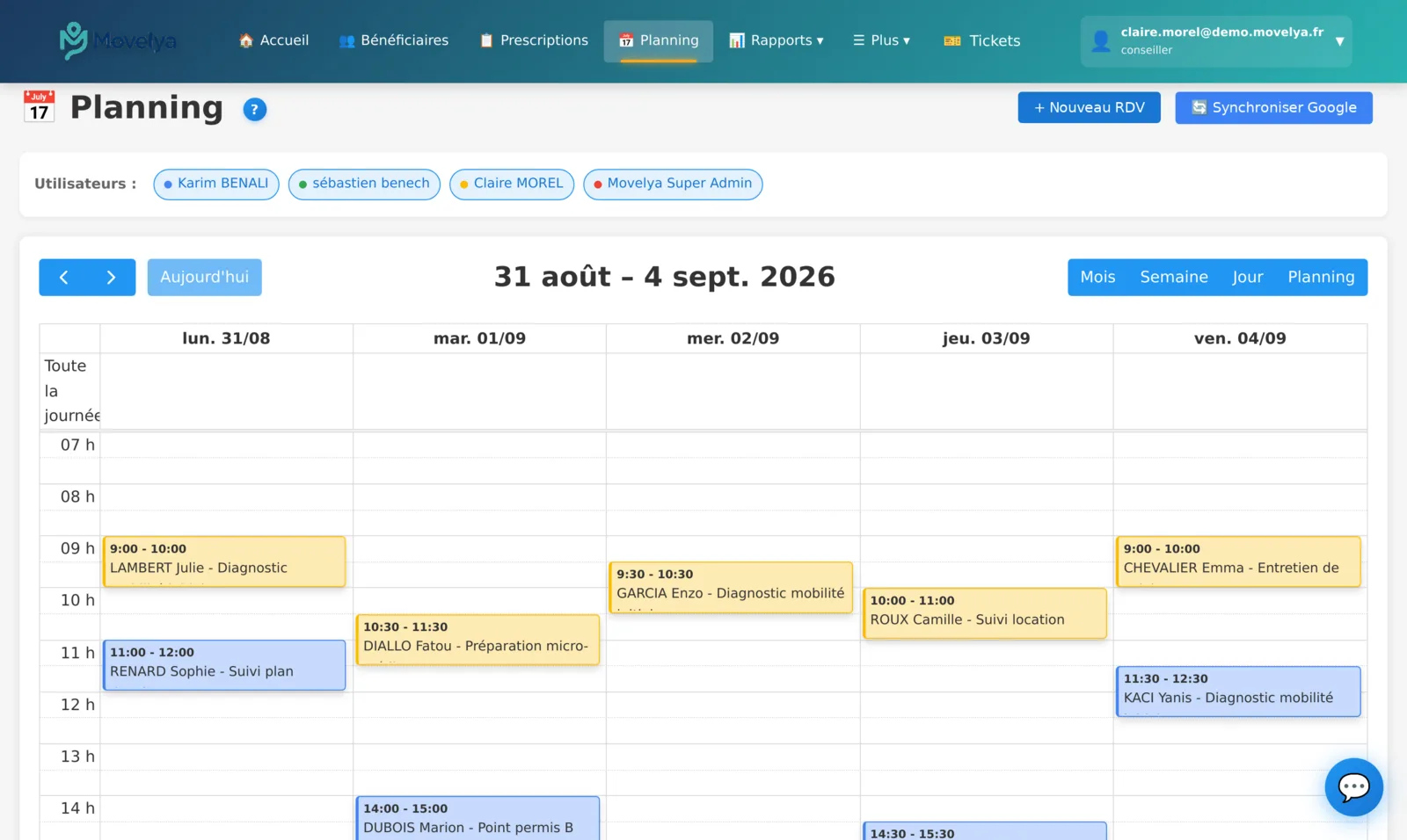Planning de l’équipe dans Movelya, vue semaine, un conseiller par colonne.